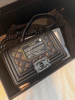 CHANEL SO Black Caviar Leather SMALL Boy Bag
